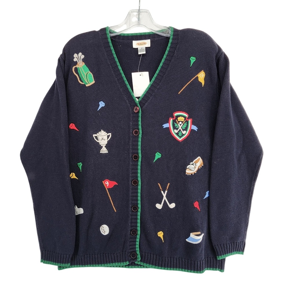 Talbots M Navy Blue Golf Embroidered Cardigan Sweater Preppy Grandmacore Novelty